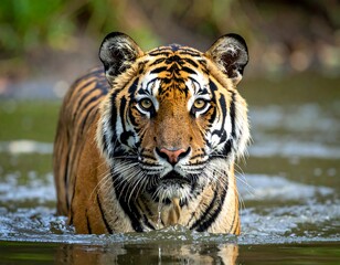 Naklejka premium Tiger in water, focused gaze