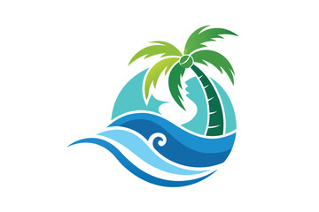 Stylized palm tree and blue sea waves meet in a circular arrangement, isolated