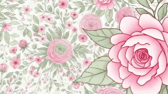Floral pattern with pastel roses and greenery on a light background