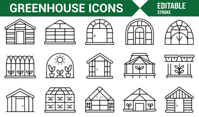 Minimal outline greenhouse icons for cultivation and horticultural projects