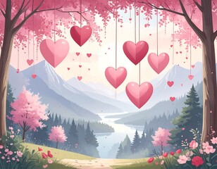 Romantic springtime forest scene with hearts