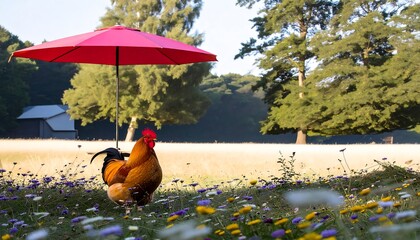 A rooster stands in a flower-filled field beneath a red parasol, bathed in sunlight