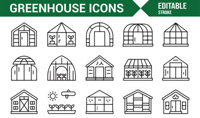 Greenhouse line art illustrations of domes, nurseries, and plant shelters