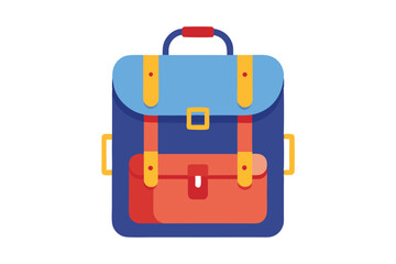Simplified flat presents a blue and red backpack with yellow accents