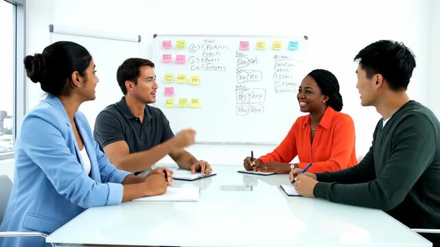 Group of professionals engaged in lively discussion and brainstorming around a table in modern office. Notes and charts in background show project focus. Concept of business, teamwork, innovation