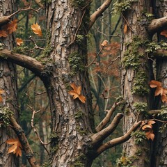 Rustic forest scene with moss covered tree trunks and fallen autumn leaves. Natural camouflage pattern blends seamlessly with woodland environment. Branches create depth in the background.