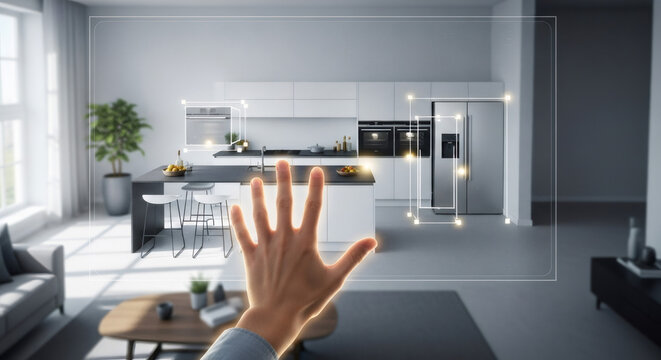 Woman hand interacting with virtual reality interface. Smart home automation and augmented reality kitchen design. Future house technology. - Powered by Adobe