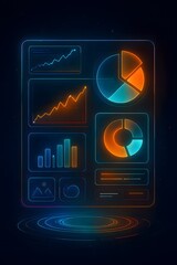 Futuristic glowing neon data dashboard interface with charts and graphs
