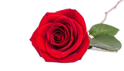 Fototapeta premium A brilliant red rose with layered petals lies diagonally on a bright white background
