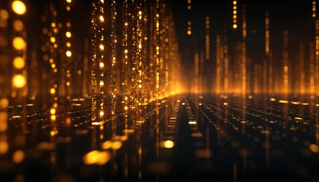 Abstract digital data streams flow in glowing golden columns creating futuristic virtual space. Glowing numbers, code elements appear, signifying complex information systems, digital transformation.