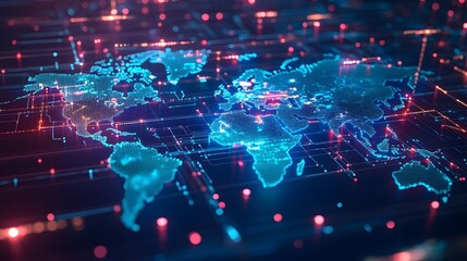 Glowing digital world map representing global network connections.