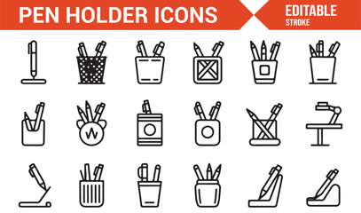 Outline symbol set of pen holders for office, school, and workplace designOutline symbol set of pen holders for office, school, and workplace design