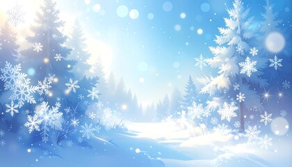 Winter forest scene with snow-covered pines, snowflakes, bright sun and bokeh effect