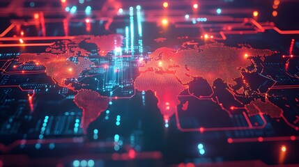 Futuristic Global Data Visualization with Luminous World Map.
