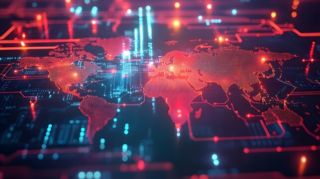 Futuristic Global Data Visualization with Luminous World Map.