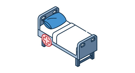 Isometric Hospital Bed with Blue Pillow and Red Wheel Symbol.