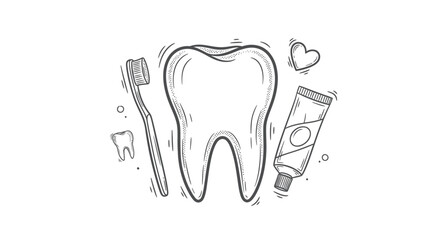 Hand-drawn tooth toothbrush and toothpaste tube illustration for dental care.