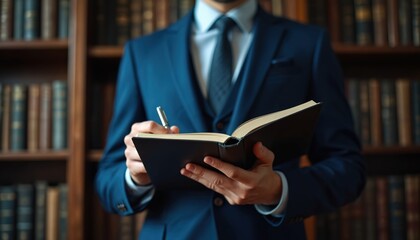 Man in blue suit writes in open book with pen. Background shows bookshelves with old volumes. He is thoughtful, planning or journaling, possibly in study or law library.