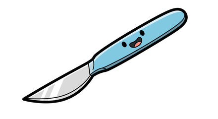 Cute cartoon scalpel with a smiling face on a blue handle.