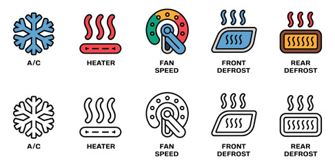 cabin climate control icon set with ac, heater, fan speed, front defrost and rear defrost symbols, vector illustrations for vehicle hvac systems