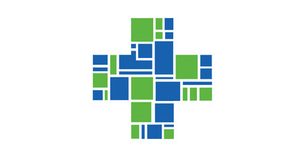 Abstract medical cross symbol composed of a mosaic of green and blue geometric rectangular shapes.