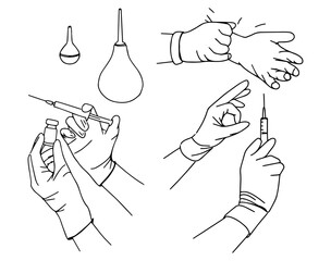 A set of hand-drawn line art of a hand with a syringe, enemas, hands in rubber medical gloves.