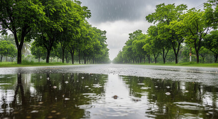 Tropical rainy season scene, heavy rain falling on lush green trees and wet streets, reflections in puddles, cloudy sky, warm and humid atmosphere, cinematic lighting, ultra-realistic, 8K
