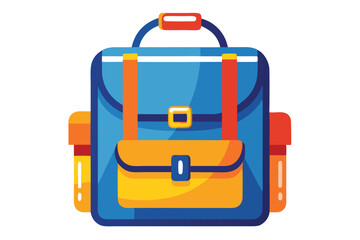 Square blue backpack with orange straps and pockets featured against a white backdrop