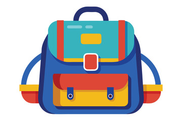 Blue and turquoise rucksack displays red and yellow accents alongside a top handle for easy carrying