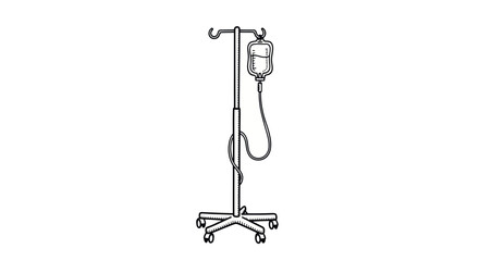 Medical IV Drip Stand with Fluid Bag Line Art Illustration.