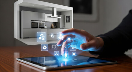 Woman hand interacting with smart home technology. Digital tablet displaying futuristic control panel for modern kitchen interior.
