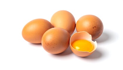 A cluster of brown eggs on a white background, one cracked open revealing a bright yellow yolk