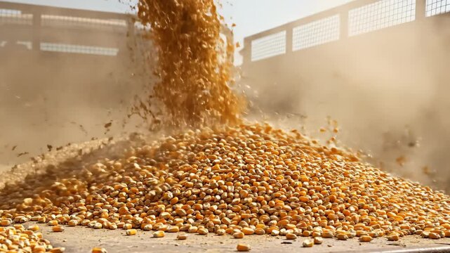 Golden maize kernels pour from a combine harvester into a trailer, a symbol of food production