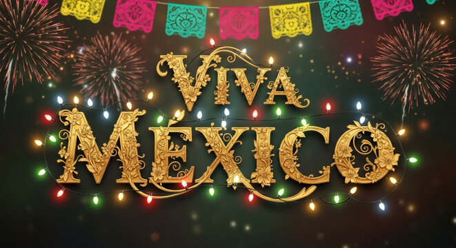 Viva Mexico golden text sign with festive lights and fireworks on dark background. Mexican Independence Day celebration.