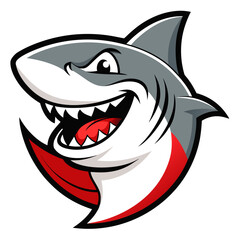 An illustration of an angry shark showing its sharp teeth with its mouth wide open illustrated furious shark logo mascot