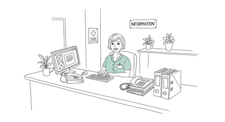 Friendly Nurse at Information Desk in Hospital Smiling and Ready to Assist Patients.