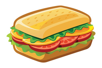 A vegetable sandwich with tomato, lettuce, and cheese sits on white background
