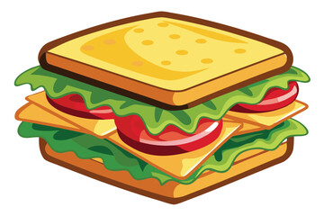 The delicious square cartoon sandwich with lettuce, tomato, and cheese awaits a tasty bite
