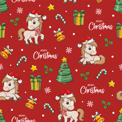 Seamless Pattern Merry Christmas With Cute Horse Santa Claus, Vector Cartoon Illustration