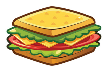 Isometric sandwich shows layers of bread, lettuce, tomato, and cheese creating a tasty treat