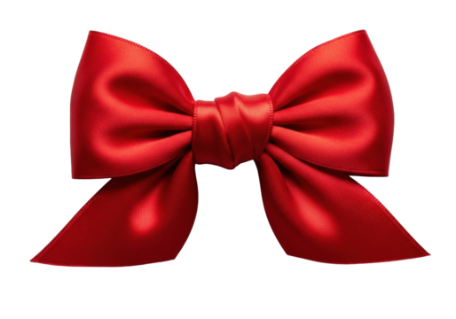 Bright red deep crimson satin ribbon bow with sensuous folds, lustrous texture, crisp edges, ultra close-up macro on transparent background with dramatic studio lighting, luxurious elegance concept