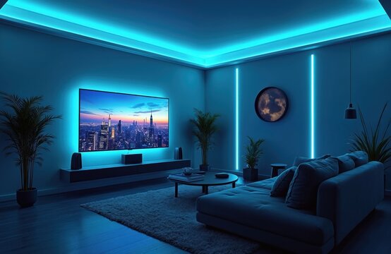 Modern living room interior with smart LED lighting effects, large screen TV displaying city skyline. Sofa, coffee table, plants create cozy atmosphere. Futuristic tech space.