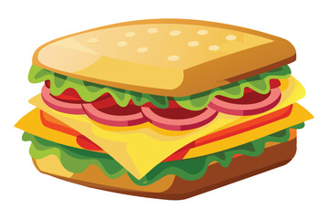 A layered cartoon sandwich shows bread, lettuce, tomato, cheese, and luncheon meat inside