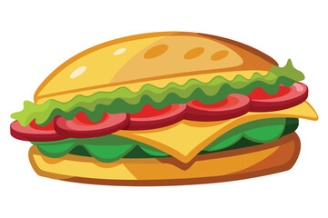A cartoon sandwich displays cheese, lettuce, and sliced tomatoes inside golden buns