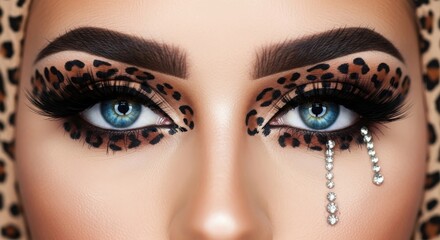 Glamorous eyes with leopard print makeup and rhinestone tears for a bold look