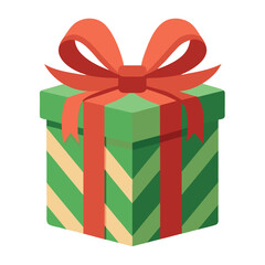 Festive green gift box with red ribbon and diagonal stripes isolated on white background