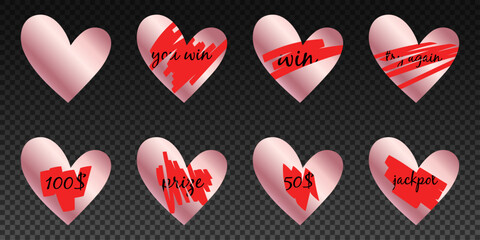 Set of metallic rose gold heart-shaped scratch cards with prize text.