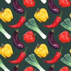 Seamless watercolor pattern with fresh eggplants, bell peppers, chili peppers, and leeks on deep dark green background