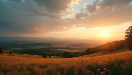 Obraz premium Golden hour sunset over rolling hills and farmland. Warm light illuminates dry grass fields and distant mountains. Soft clouds drift across the sky creating a peaceful atmosphere.
