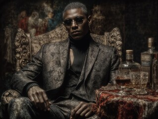 Elegant Man In Ornate Suit Sits In Luxurious Room Beside Bottles And Glasses